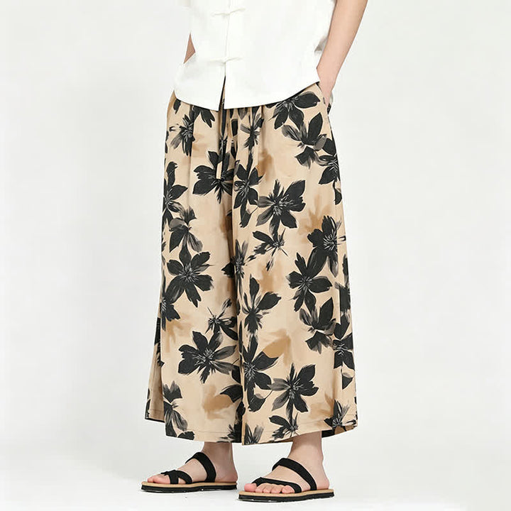 Buddha Stones Letnie, swobodne spodnie capri w stylu boho ze ściągaczem i kwiatowym wzorem, męskie, z szerokimi nogawkami i kieszenią - Khaki - US/UK/AU48, EU58 (5XL) - image 13