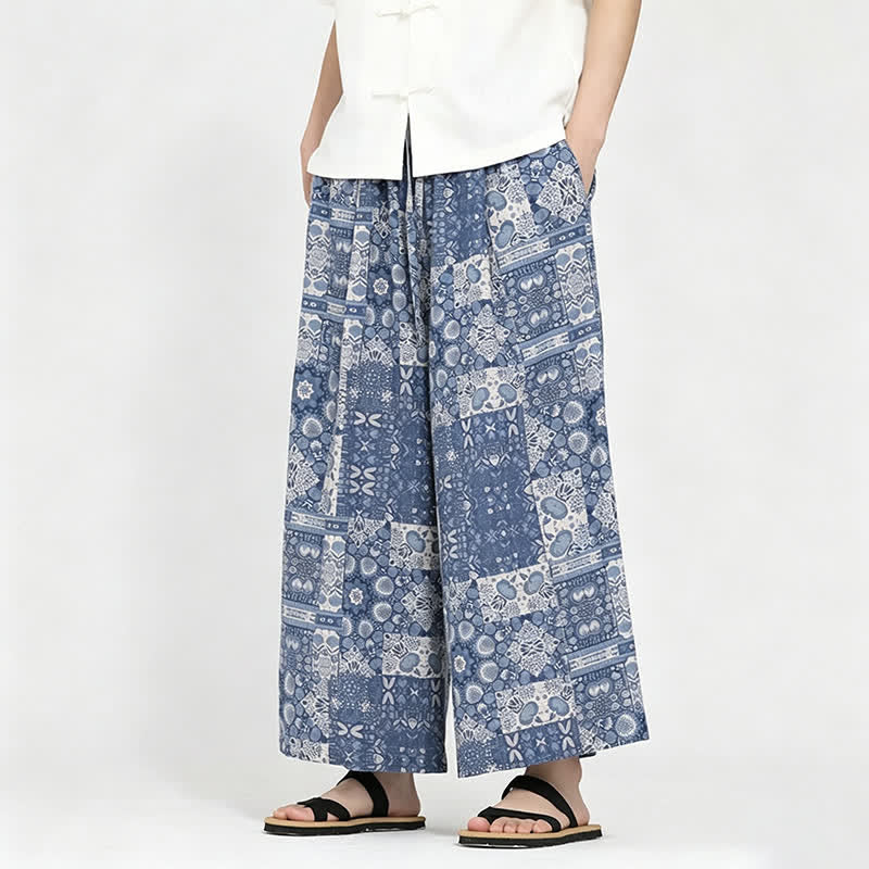Buddha Stones Letnie, swobodne spodnie capri w stylu boho ze ściągaczem i kwiatowym wzorem, męskie, z szerokimi nogawkami i kieszenią - image 5