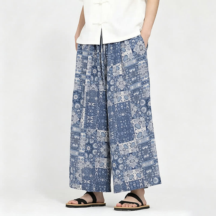 Buddha Stones Letnie, swobodne spodnie capri w stylu boho ze ściągaczem i kwiatowym wzorem, męskie, z szerokimi nogawkami i kieszenią - image 5