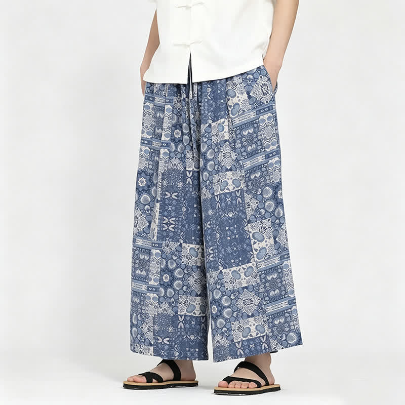 Buddha Stones Letnie, swobodne spodnie capri w stylu boho ze ściągaczem i kwiatowym wzorem, męskie, z szerokimi nogawkami i kieszenią - Stalowoniebieski - US/UK/AU48, EU58 (5XL) - image 0