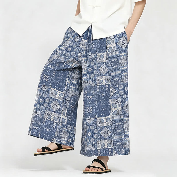 Buddha Stones Letnie, swobodne spodnie capri w stylu boho ze ściągaczem i kwiatowym wzorem, męskie, z szerokimi nogawkami i kieszenią - image 8