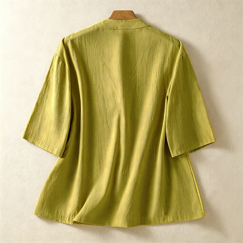 Buddha Stones Letnie koszule damskie w stylu Tang w stylu vintage z kołnierzykiem stójkowym i guzikami żabki, z krótkim rękawem i kieszeniami - image 18