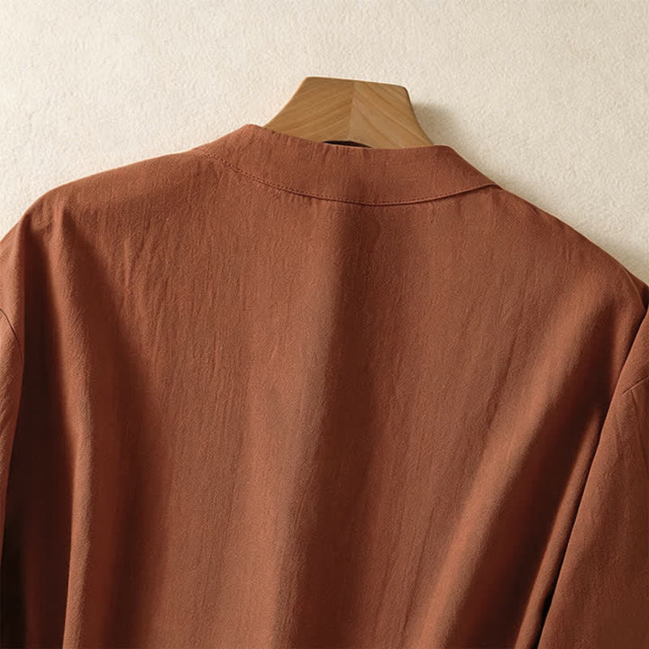 Buddha Stones Letnie koszule damskie w stylu Tang w stylu vintage z kołnierzykiem stójkowym i guzikami żabki, z krótkim rękawem i kieszeniami - image 11
