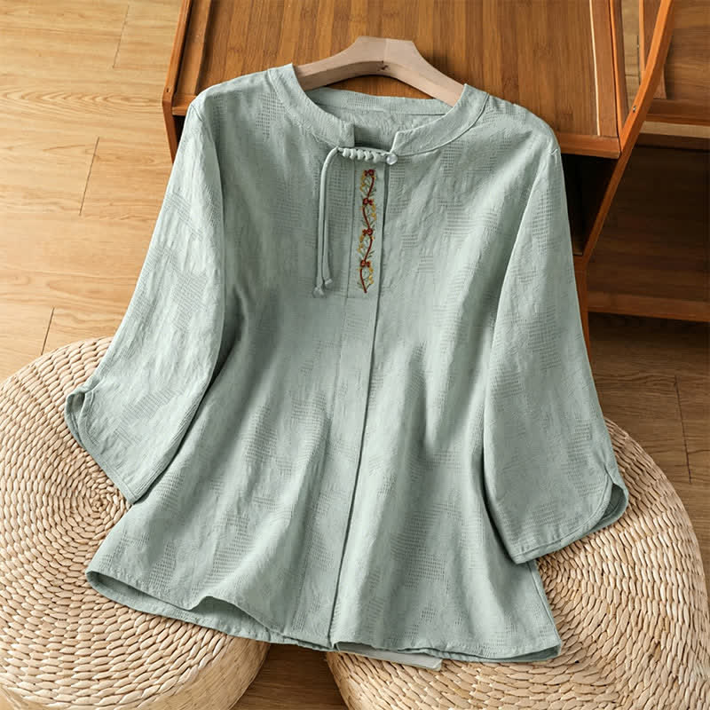 Buddha Stones Letnie koszule damskie w stylu boho tang z haftem i ściągaczem, z krótkim rękawem - PaleGreen - US12, UK/AU16, EU44 (3XL) - image 0