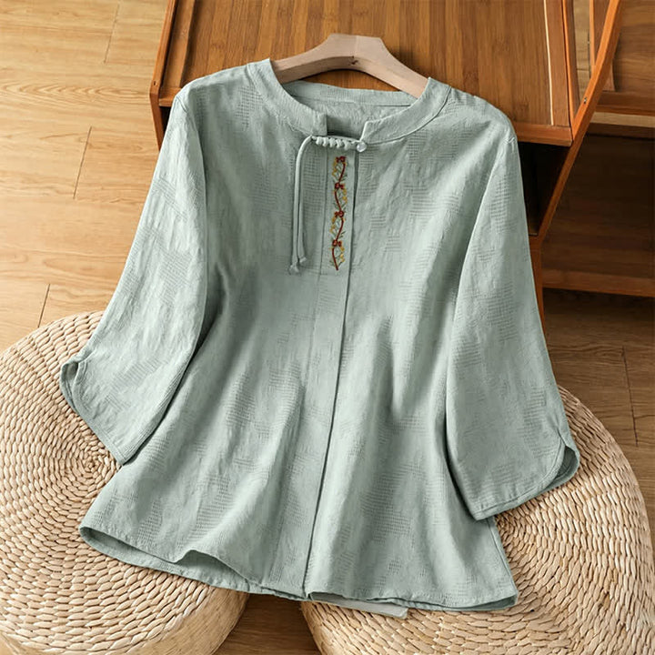 Buddha Stones Letnie koszule damskie w stylu boho tang z haftem i ściągaczem, z krótkim rękawem - PaleGreen - US12, UK/AU16, EU44 (3XL) - image 0