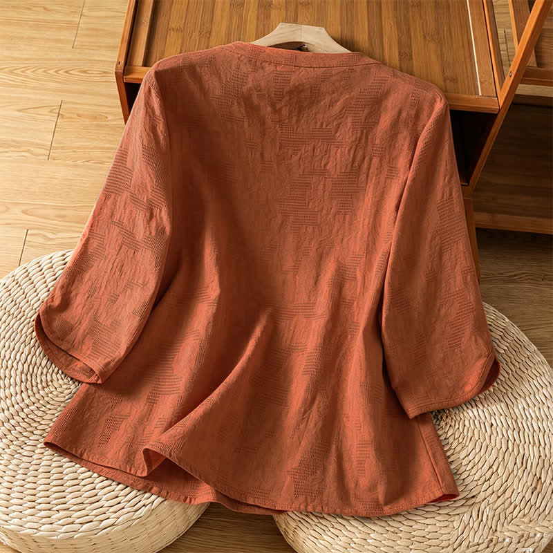 Buddha Stones Letnie koszule damskie w stylu boho tang z haftem i ściągaczem, z krótkim rękawem - image 15