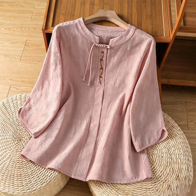Buddha Stones Letnie koszule damskie w stylu boho tang z haftem i ściągaczem, z krótkim rękawem - Jasnoróżowy - US12, UK/AU16, EU44 (3XL) - image 6