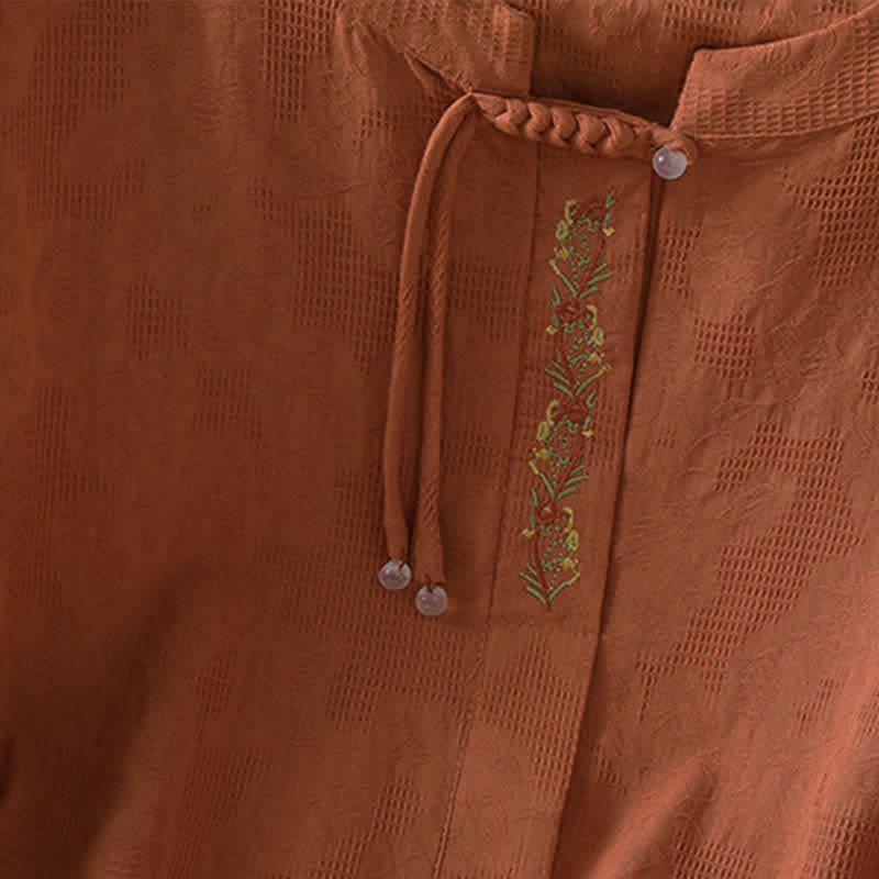 Buddha Stones Letnie koszule damskie w stylu boho tang z haftem i ściągaczem, z krótkim rękawem - image 19