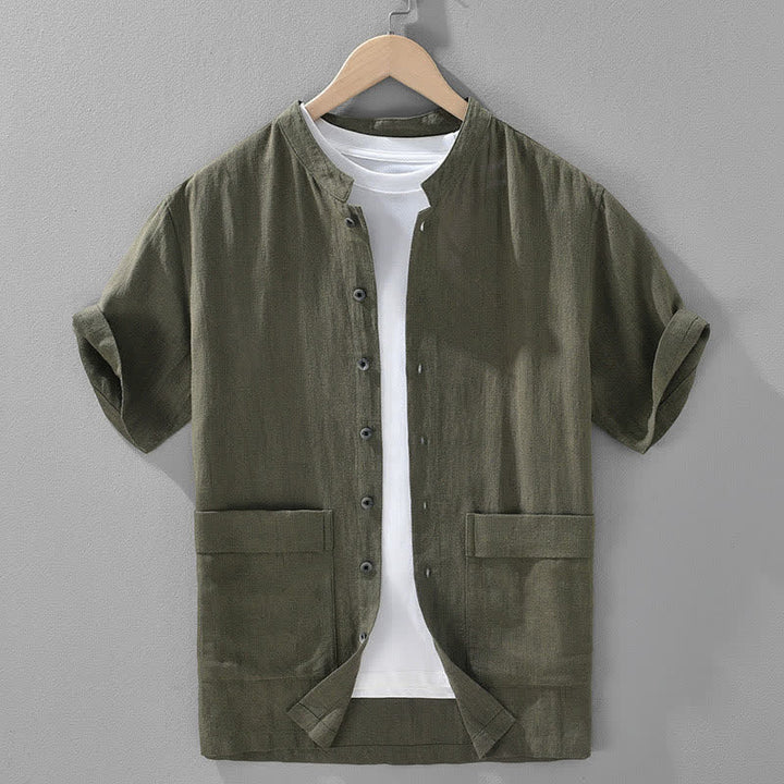 Buddha Stones Letnie koszule męskie w stylu vintage z kołnierzykiem stójkowym i kieszeniami, zapinane na guziki - DarkOliveGreen - US/UK/AU42， EU52 (3XL) - image 11