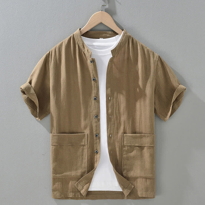 Buddha Stones Letnie koszule męskie w stylu vintage z kołnierzykiem stójkowym i kieszeniami, zapinane na guziki - Ciemny Khaki - US/UK/AU42， EU52 (3XL) - image 12