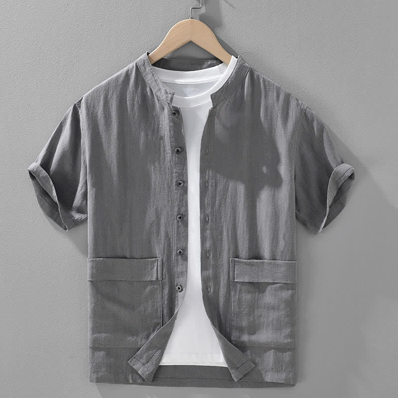 Buddha Stones Letnie koszule męskie w stylu vintage z kołnierzykiem stójkowym i kieszeniami, zapinane na guziki - Szary - US/UK/AU42， EU52 (3XL) - image 0