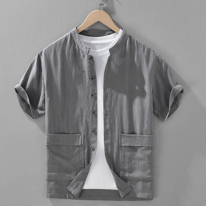 Buddha Stones Letnie koszule męskie w stylu vintage z kołnierzykiem stójkowym i kieszeniami, zapinane na guziki - Szary - US/UK/AU42， EU52 (3XL) - image 0