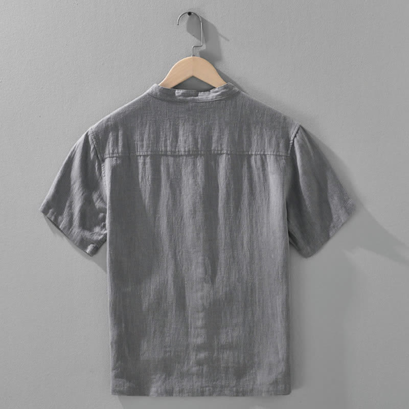 Buddha Stones Letnie koszule męskie w stylu vintage z kołnierzykiem stójkowym i kieszeniami, zapinane na guziki - image 1