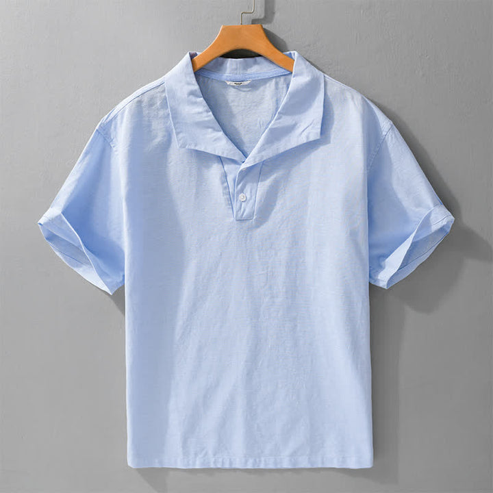 Buddha Stones Letnie, swobodne, minimalistyczne koszule męskie z krótkim rękawem, zapinane na guziki i z jednolitymi klapami - LightSkyBlue - US/UK/AU42， EU52 (3XL) - image 0
