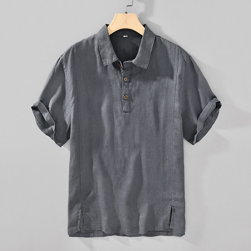 Buddha Stones Letnie, swobodne, minimalistyczne koszule męskie z krótkim rękawem, zapinane na guziki, z lnianego materiału - DimGray - US/UK/AU44， EU54 (4XL) - image 0