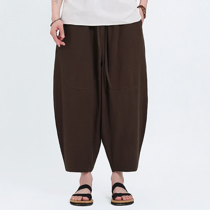 Buddha Stones Letnie, swobodne spodnie capri z bawełny i lnu, ściągane sznurkiem, męskie, haremowe, z kieszeniami - SaddleBrown - US/UK/AU46， EU56 (5XL) - image 7