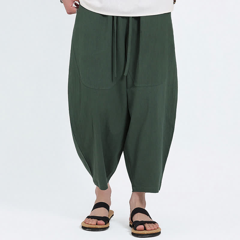Buddha Stones Letnie, swobodne spodnie capri z bawełny i lnu, ściągane sznurkiem, męskie, haremowe, z kieszeniami - ForestGreen - US/UK/AU46， EU56 (5XL) - image 0