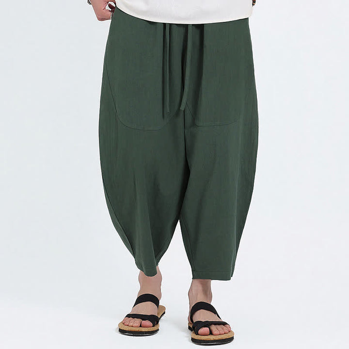 Buddha Stones Letnie, swobodne spodnie capri z bawełny i lnu, ściągane sznurkiem, męskie, haremowe, z kieszeniami - ForestGreen - US/UK/AU46， EU56 (5XL) - image 0