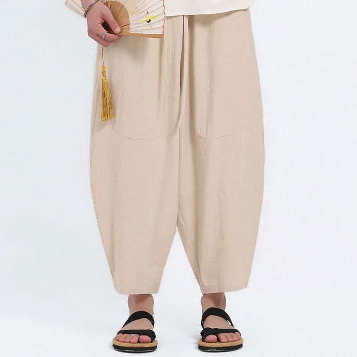 Buddha Stones Letnie, swobodne spodnie capri z bawełny i lnu, ściągane sznurkiem, męskie, haremowe, z kieszeniami - image 19