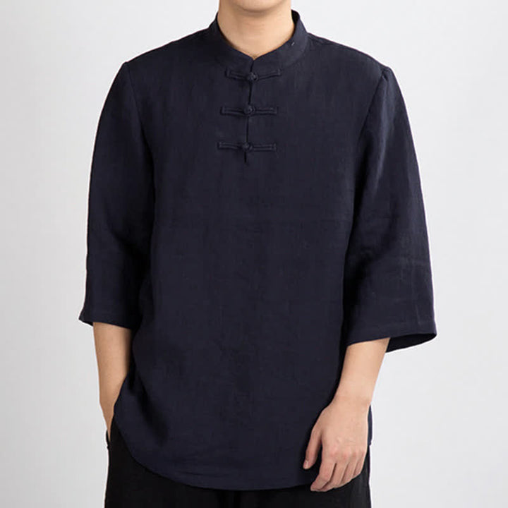 Buddha Stones Koszule męskie w stylu Summer Tang z kołnierzykiem stójkowym i guzikami typu żabka, z rękawami trzy czwarte - MidnightBlue - US/UK/AU46， EU56 (4XL) - image 9