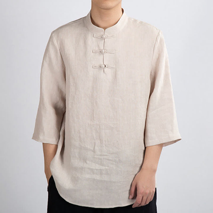 Buddha Stones Koszule męskie w stylu Summer Tang z kołnierzykiem stójkowym i guzikami typu żabka, z rękawami trzy czwarte - Bielizna - US/UK/AU46， EU56 (4XL) - image 0