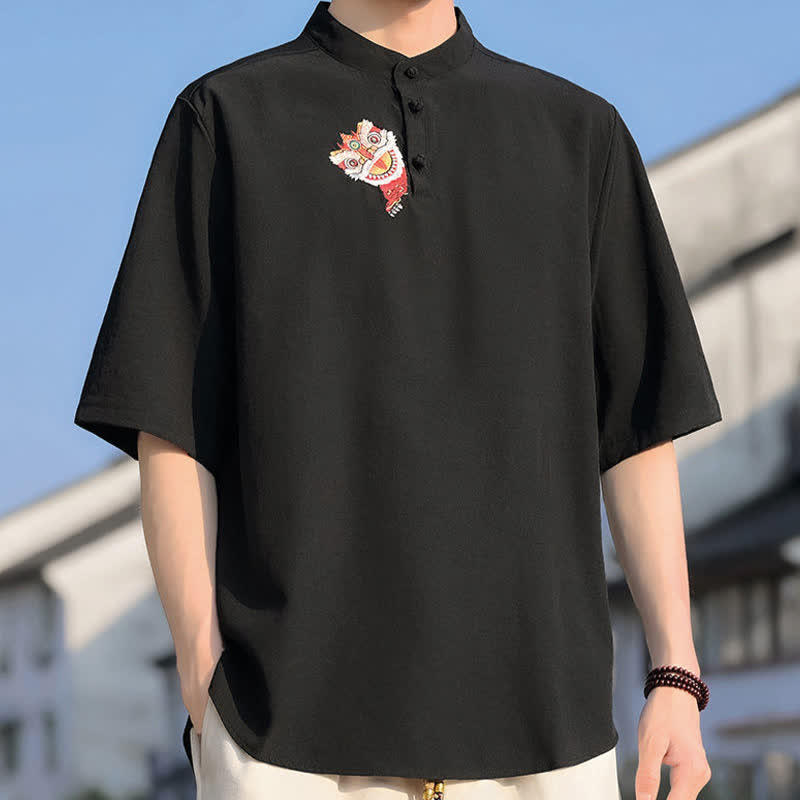Buddha Stones Letnie koszule męskie z krótkim rękawem i haftowanym kołnierzykiem w stylu stójkowym - image 1