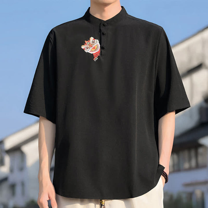 Buddha Stones Letnie koszule męskie z krótkim rękawem i haftowanym kołnierzykiem w stylu stójkowym - image 3