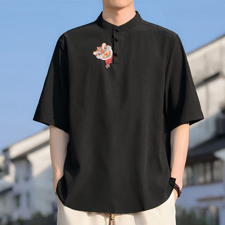 Buddha Stones Letnie koszule męskie z krótkim rękawem i haftowanym kołnierzykiem w stylu stójkowym - Czarny - US/UK/AU46, EU56 (5XL) - image 0