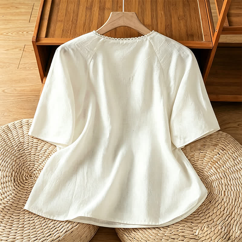 Buddha Stones Letnie koszule damskie z krótkim rękawem w stylu Tang w stylu vintage z haftem żaba na guzikach i kwiatowym wzorem - image 8