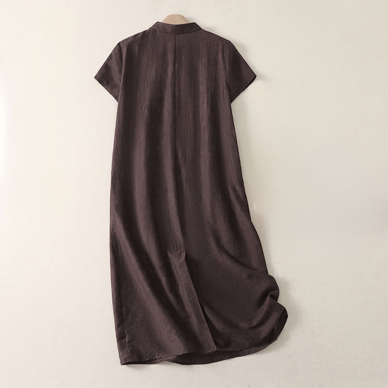 Buddha Stones Letnia minimalistyczna sukienka damska w stylu vintage, zapinana na guziki, z krótkim rękawem i wiązaniem, z kieszeniami - image 1