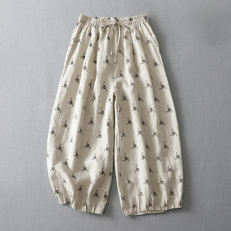 Buddha Stones Letnie, swobodne, vintage'owe spodnie damskie typu harem z kieszeniami i ściągaczem w kwiaty w groszki - Śnieg - US8-10，UK/AU12-14，EU40-42 (2XL) - image 0