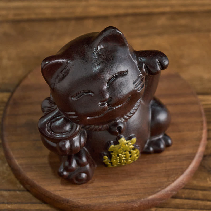 Buddha Stones Przyciągnij bogactwo, szczęśliwy kot, rzeźbiona dekoracja z drewna hebanowego z błogosławieństwem - image 2