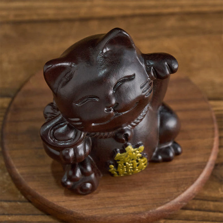 Buddha Stones Przyciągnij bogactwo, szczęśliwy kot, rzeźbiona dekoracja z drewna hebanowego z błogosławieństwem - image 2