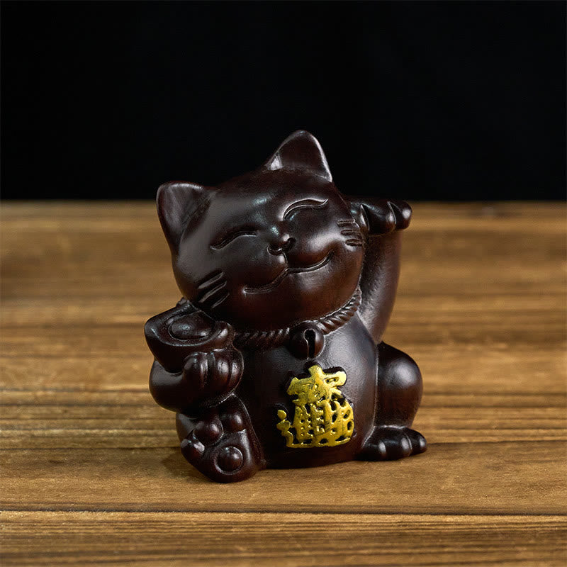 Buddha Stones Przyciągnij bogactwo, szczęśliwy kot, rzeźbiona dekoracja z drewna hebanowego z błogosławieństwem - Heban - 20 cm (kolor i rozmiar mogą się różnić) - image 0