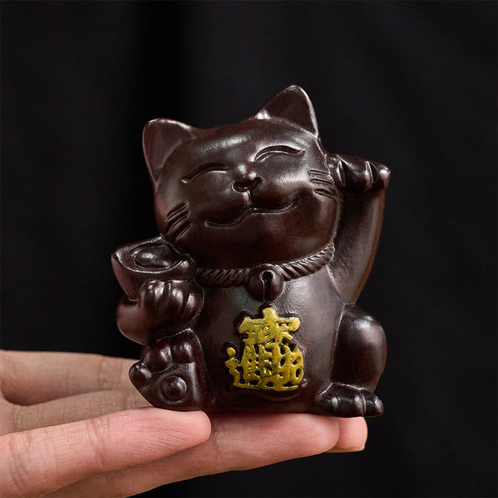 Buddha Stones Przyciągnij bogactwo, szczęśliwy kot, rzeźbiona dekoracja z drewna hebanowego z błogosławieństwem - image 7