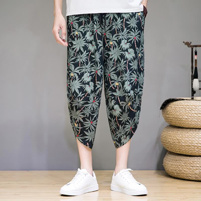 Buddha Stones Letnie, swobodne spodnie capri w stylu boho ze ściągaczem i kwiatowym wzorem, męskie spodnie haremowe z kieszenią - image 4