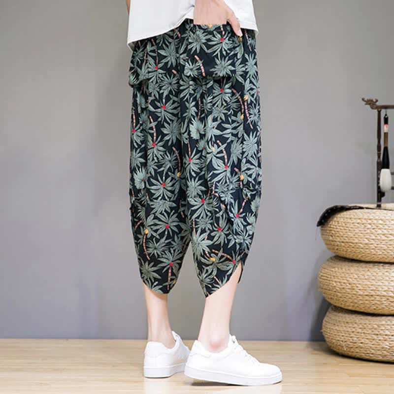 Buddha Stones Letnie, swobodne spodnie capri w stylu boho ze ściągaczem i kwiatowym wzorem, męskie spodnie haremowe z kieszenią - image 3