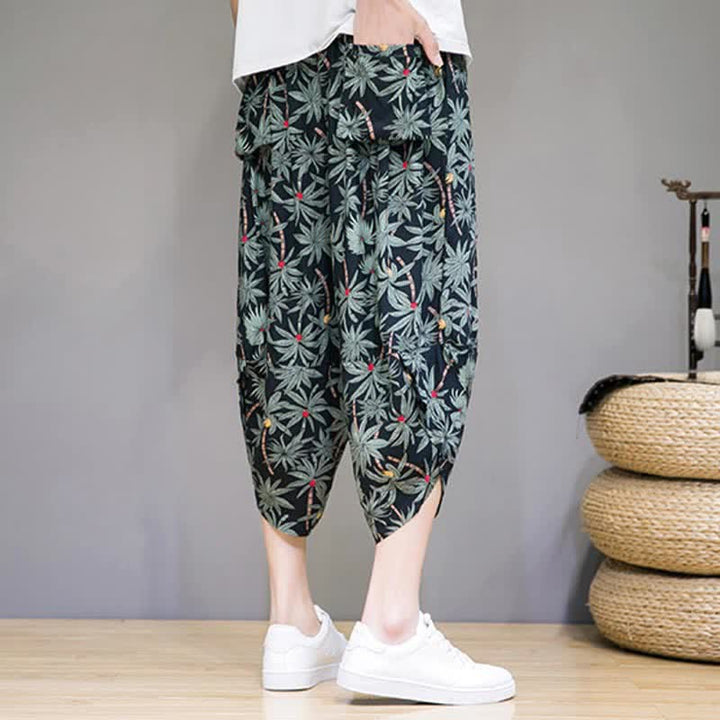 Buddha Stones Letnie, swobodne spodnie capri w stylu boho ze ściągaczem i kwiatowym wzorem, męskie spodnie haremowe z kieszenią - image 3