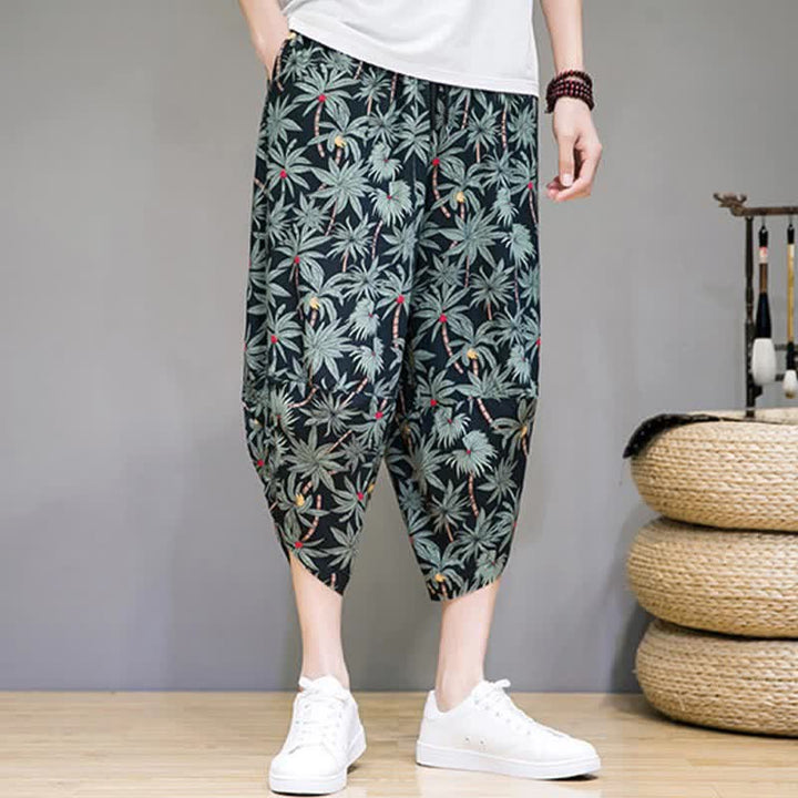 Buddha Stones Letnie, swobodne spodnie capri w stylu boho ze ściągaczem i kwiatowym wzorem, męskie spodnie haremowe z kieszenią - image 1