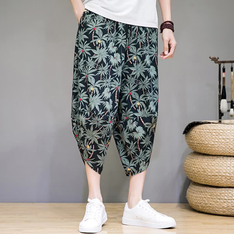 Buddha Stones Letnie, swobodne spodnie capri w stylu boho ze ściągaczem i kwiatowym wzorem, męskie spodnie haremowe z kieszenią - image 1