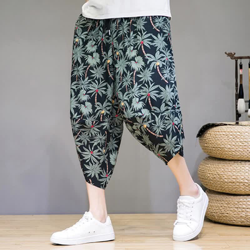 Buddha Stones Letnie, swobodne spodnie capri w stylu boho ze ściągaczem i kwiatowym wzorem, męskie spodnie haremowe z kieszenią - image 2