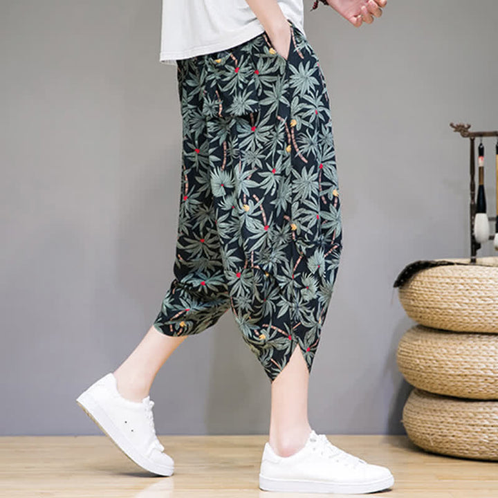 Buddha Stones Letnie, swobodne spodnie capri w stylu boho ze ściągaczem i kwiatowym wzorem, męskie spodnie haremowe z kieszenią - image 5