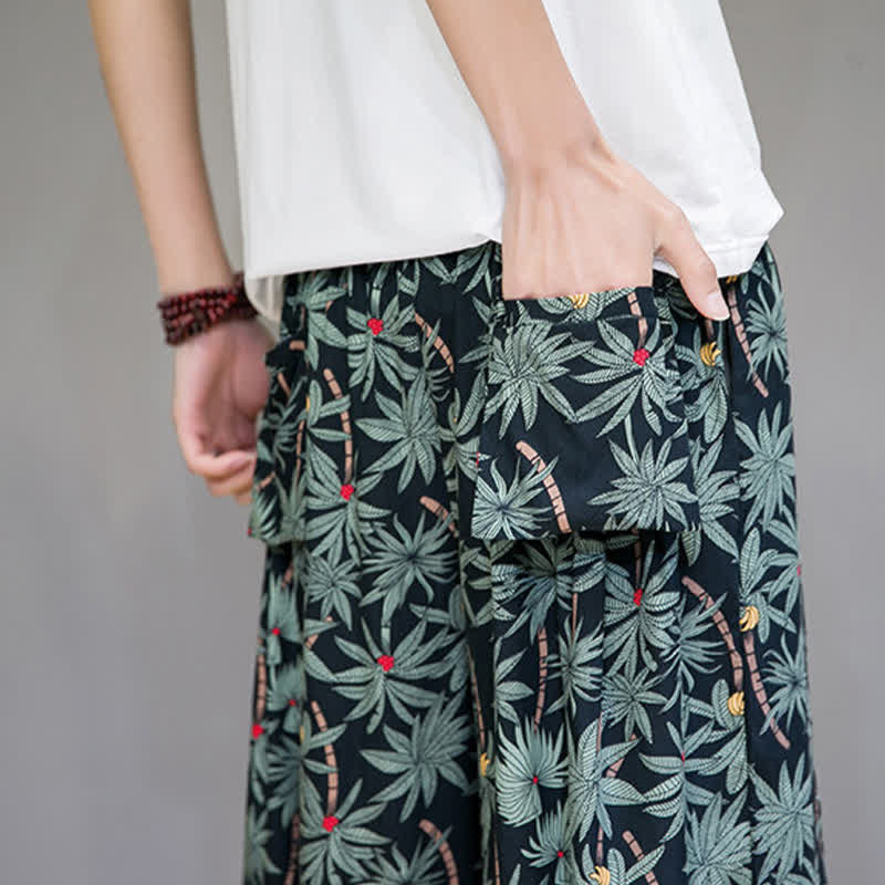 Buddha Stones Letnie, swobodne spodnie capri w stylu boho ze ściągaczem i kwiatowym wzorem, męskie spodnie haremowe z kieszenią - image 10