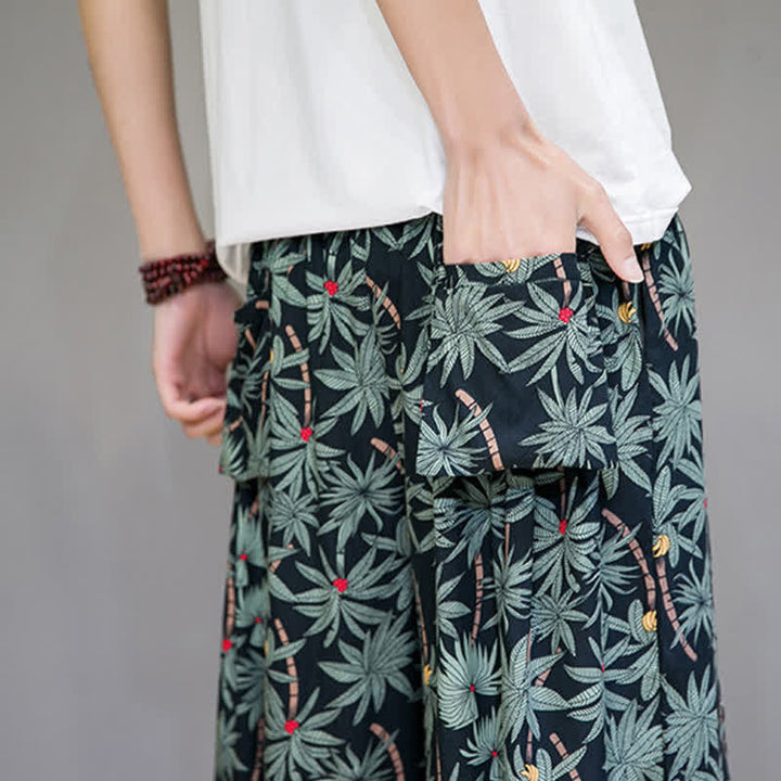 Buddha Stones Letnie, swobodne spodnie capri w stylu boho ze ściągaczem i kwiatowym wzorem, męskie spodnie haremowe z kieszenią - image 10