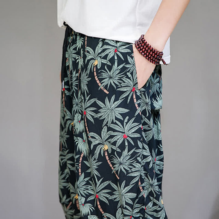 Buddha Stones Letnie, swobodne spodnie capri w stylu boho ze ściągaczem i kwiatowym wzorem, męskie spodnie haremowe z kieszenią - image 9