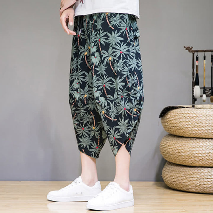 Buddha Stones Letnie, swobodne spodnie capri w stylu boho ze ściągaczem i kwiatowym wzorem, męskie spodnie haremowe z kieszenią - image 6