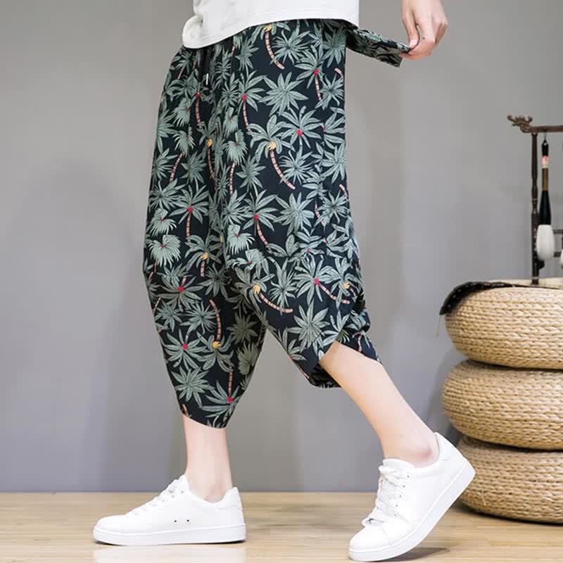 Buddha Stones Letnie, swobodne spodnie capri w stylu boho ze ściągaczem i kwiatowym wzorem, męskie spodnie haremowe z kieszenią - Czarny - US/UK/AU46, EU56 (5XL) - image 0