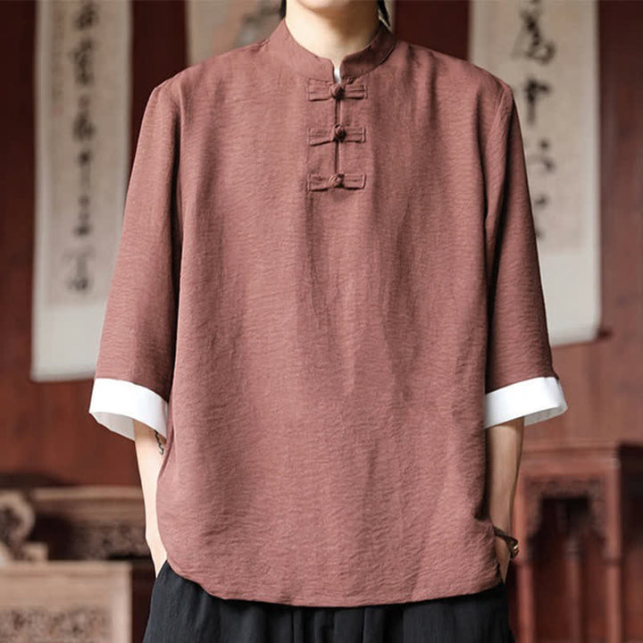 Buddha Stones Koszule męskie w stylu letnich Tang w stylu vintage z kołnierzykiem mandaryńskim i guzikami typu żaba, z rękawami do łokcia - DarkSalmon - US/UK/AU46, EU56 (5XL) - image 0
