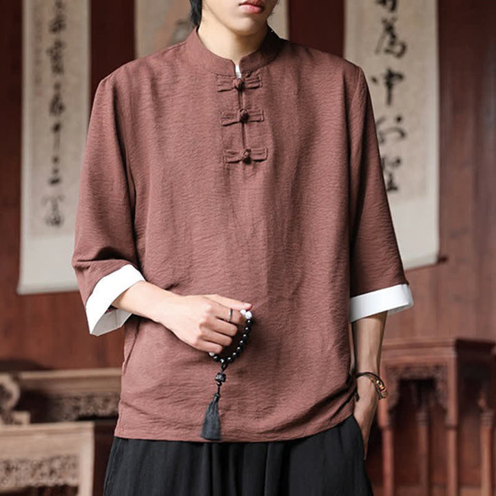 Buddha Stones Koszule męskie w stylu letnich Tang w stylu vintage z kołnierzykiem mandaryńskim i guzikami typu żaba, z rękawami do łokcia - image 2