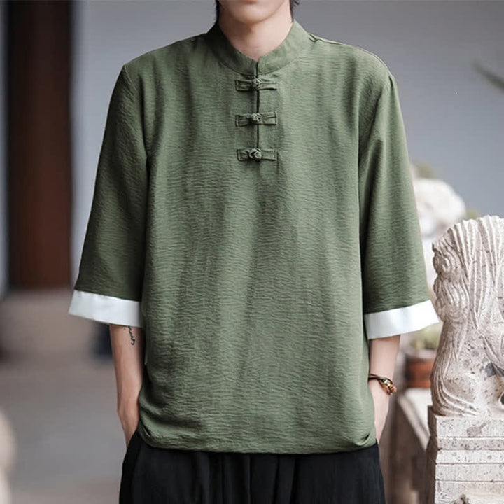 Buddha Stones Koszule męskie w stylu letnich Tang w stylu vintage z kołnierzykiem mandaryńskim i guzikami typu żaba, z rękawami do łokcia - DarkOliveGreen - US/UK/AU46, EU56 (5XL) - image 9